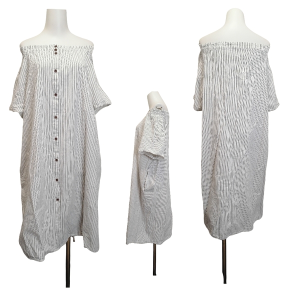 🌿🌿Off-Shoulder Striped Button-Front Dress - White/Grey - Picture 7 of 7
